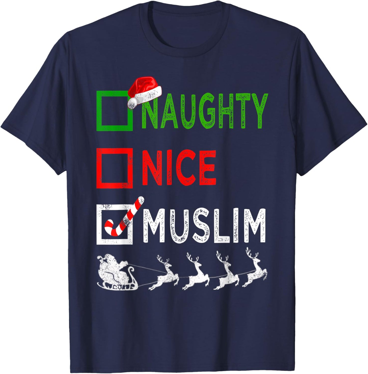 Naughty Nice Muslim Christmas Pajamas Funny Santa Hat Xmas T-Shirt - T-Shirt | Navy
