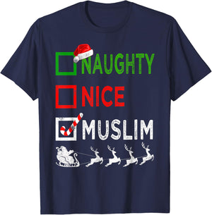 Naughty Nice Muslim Christmas Pajamas Funny Santa Hat Xmas T-Shirt - T-Shirt | Navy