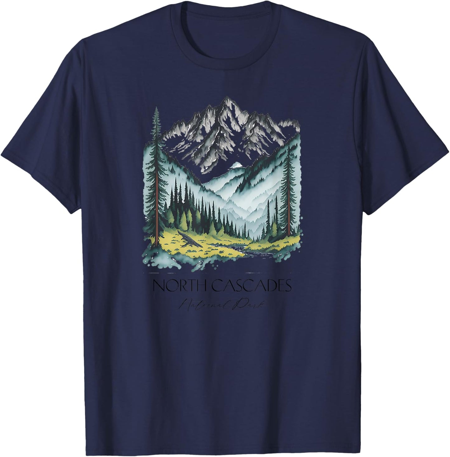 Cool North Cascades National Park Hiking Watercolor Graphic T-Shirt - T-Shirt | Navy