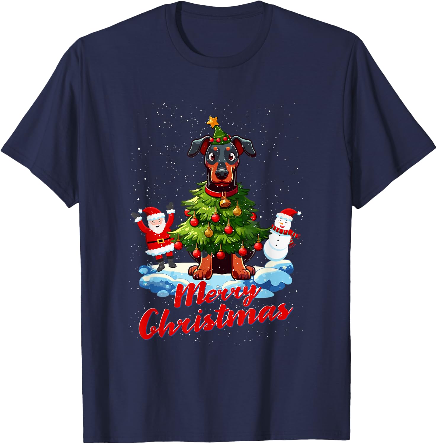 Doberman Merry Christmas Tree Lights Dog X-Mas Dogs T-Shirt - T-Shirt | Navy