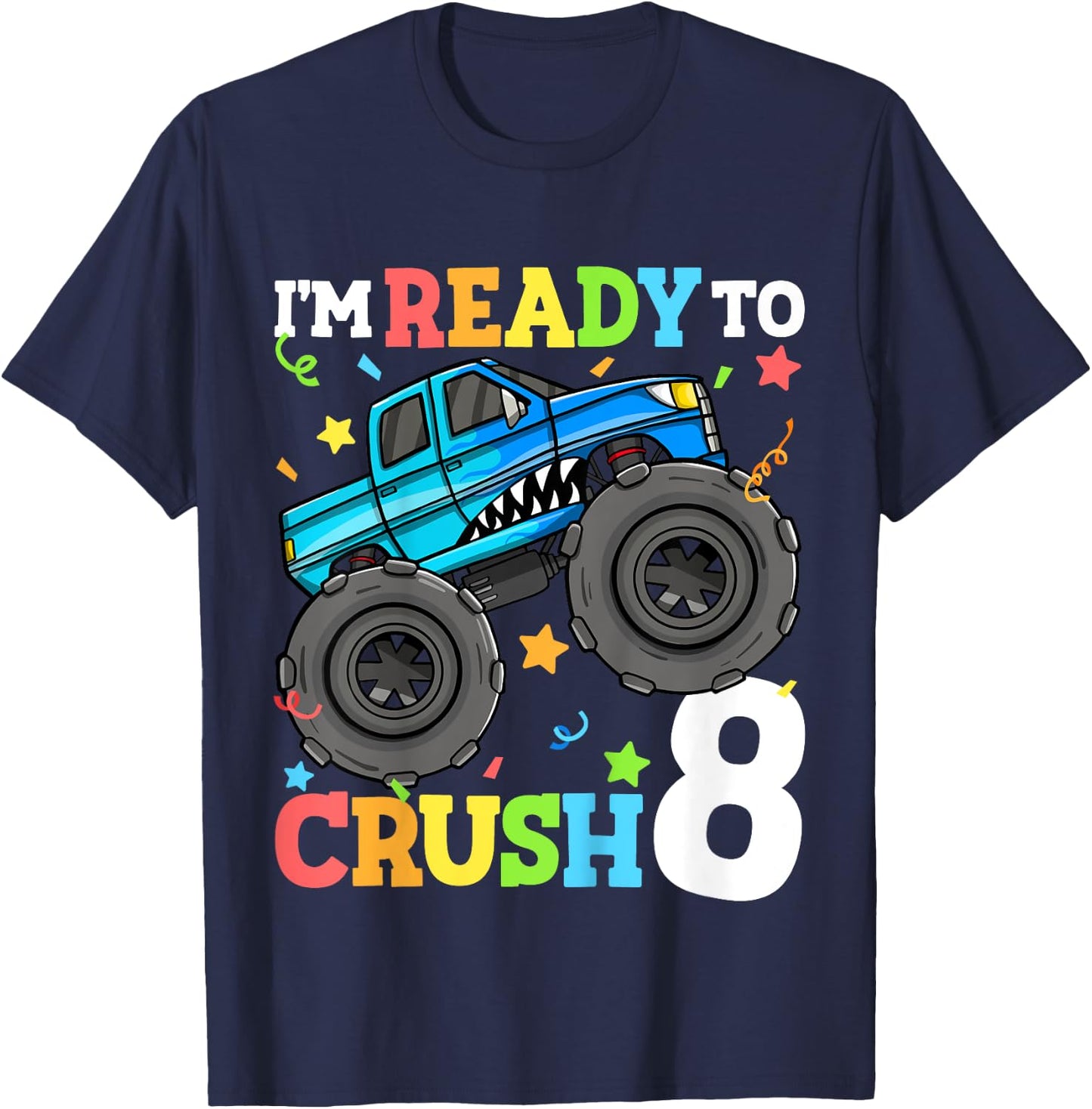 Kids Monster Truck Shark 8th Birthday Boy 8 Eight Year Old T-Shirt - T-Shirt | Navy
