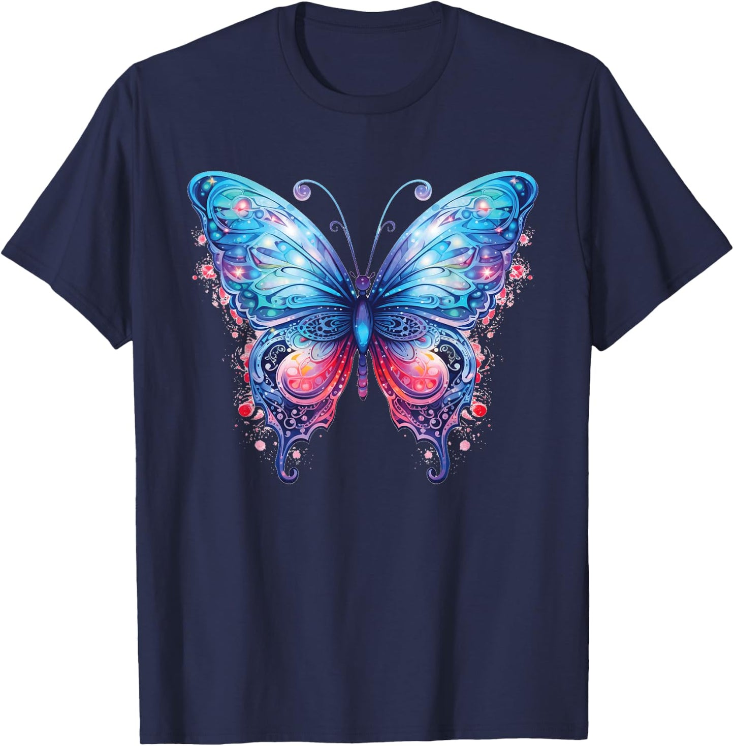 Women's Fantasy Art Blue and Pink Butterfly Cute T-Shirt - T-Shirt | Navy