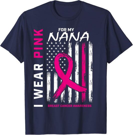 I Wear Pink For Nana Breast Cancer Awareness American Flag Women Kids Men T-Shirt - T-Shirt | Navy