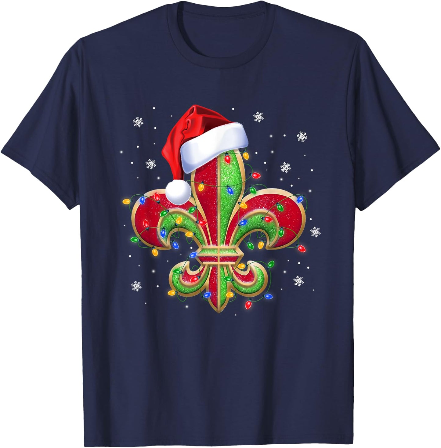 Fleur De Lis Christmas Ornament with Santa Hat Xmas Lights T-Shirt - T-Shirt | Navy