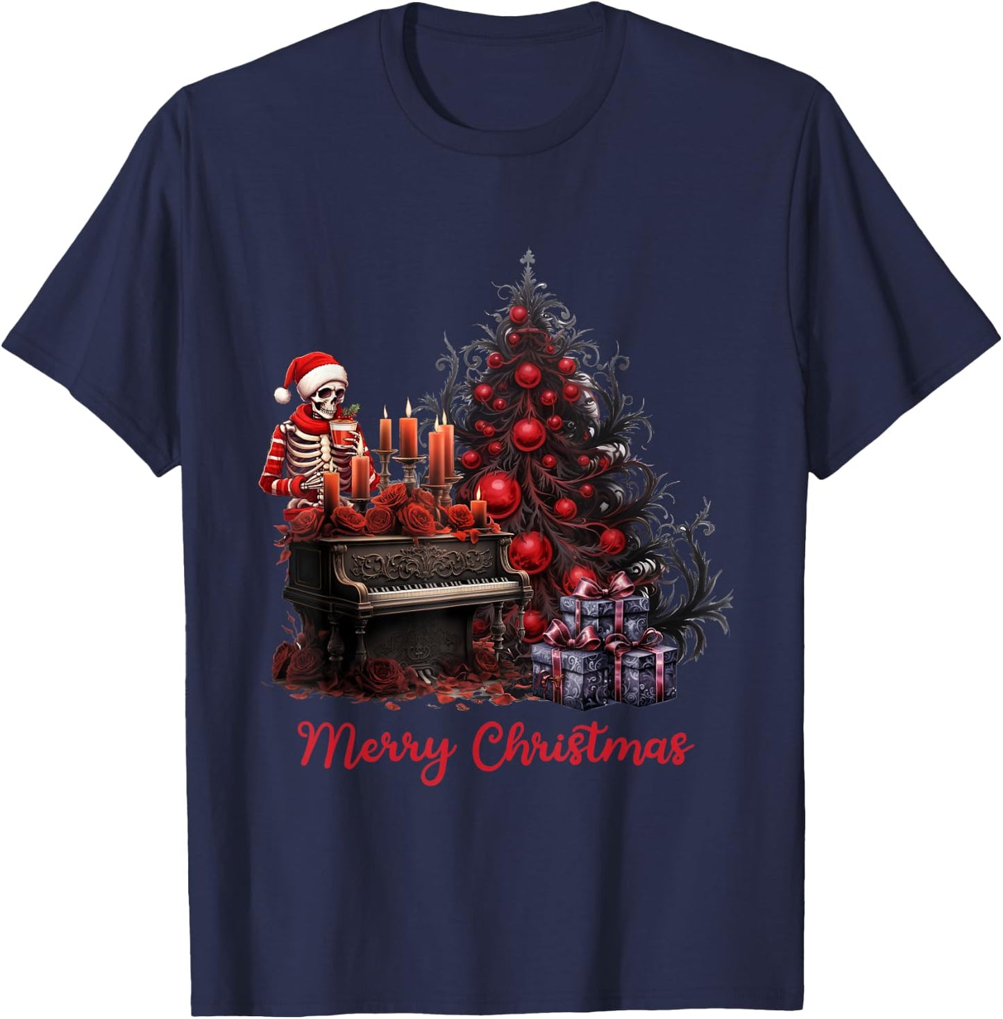 Red Black Gothic Skeleton Christmas T-Shirt - T-Shirt | Navy