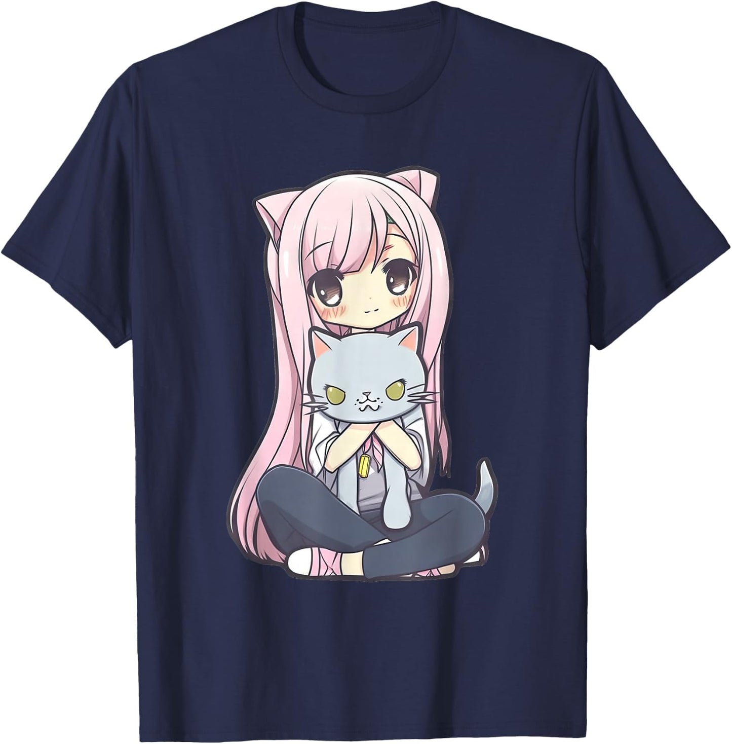 Anime and Cats Kawaii Cute Teen Otaku Girl with Cat T-Shirt - T-Shirt | Navy