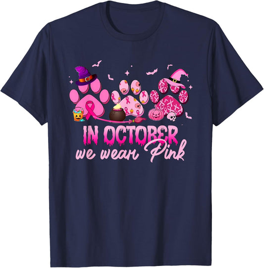 In October We Wear Pink Dog Cat Paw Breast Cancer Awareness T-Shirt - T-Shirt | Navy