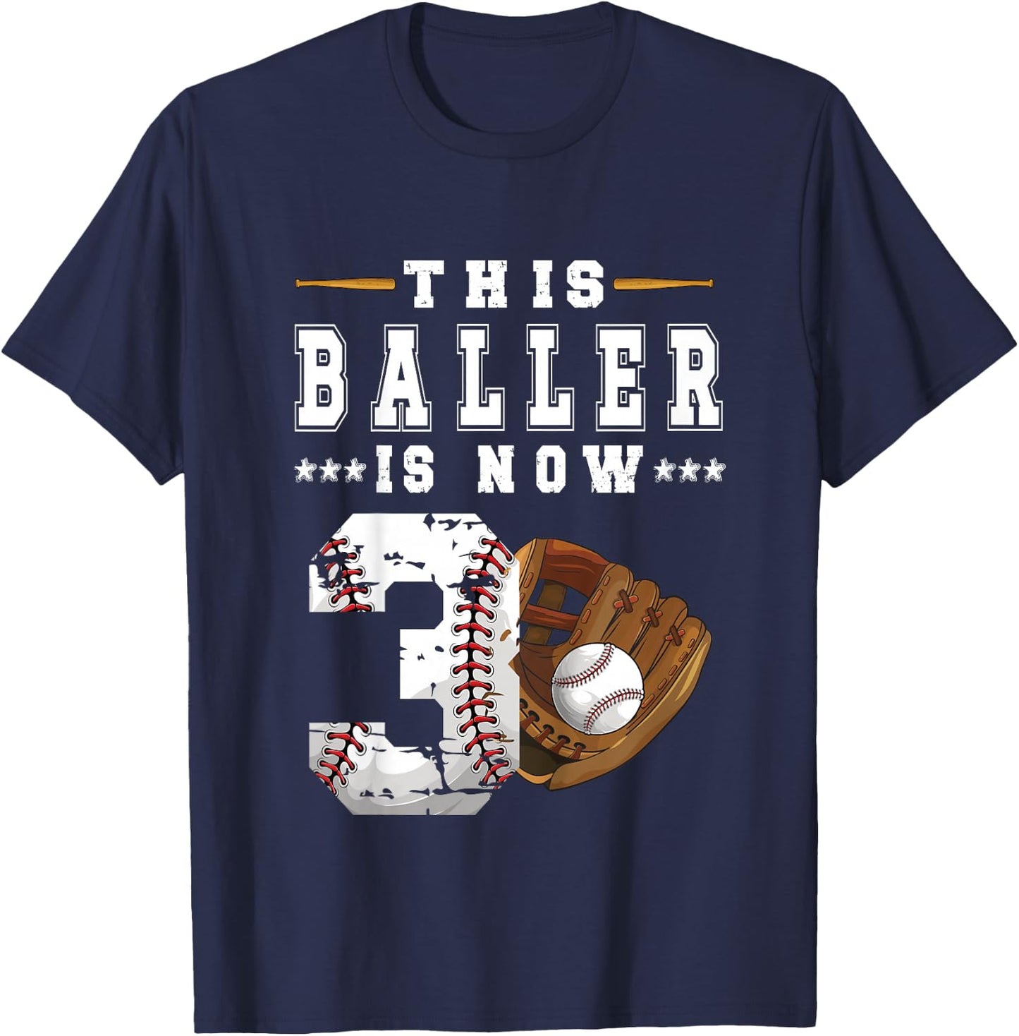 Kids 3rd Birthday Baseball Boy Three Year Old Baseball Player T-Shirt - T-Shirt | Navy