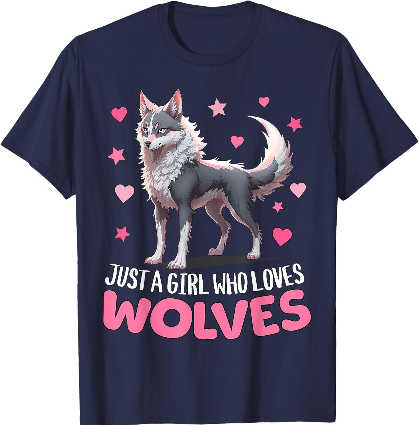 Just A Girl Who Loves Wolves - Cute Grey & Pink Cyber Wolf T-Shirt - T-Shirt | Navy