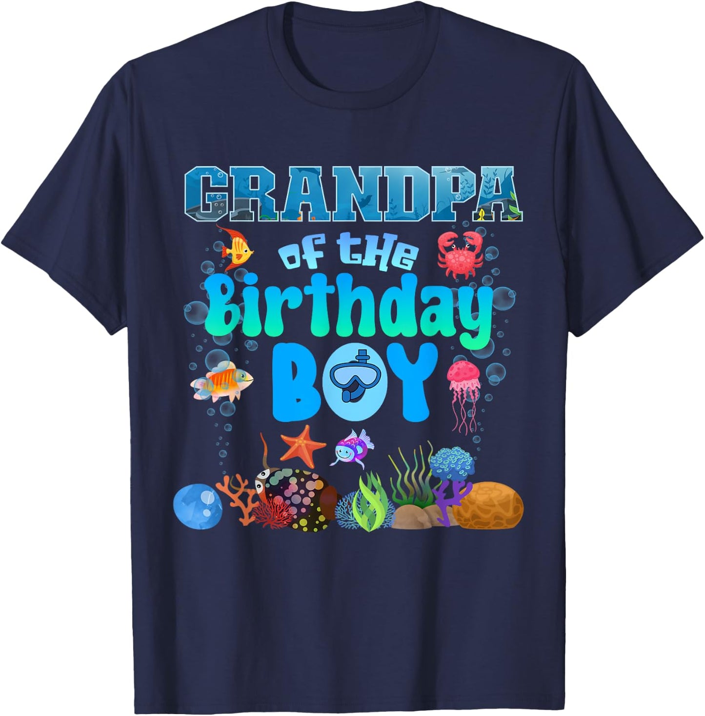 Grandpa Of The Birthday Boy Aquarium Sea Animals Matching T-Shirt - T-Shirt | Navy