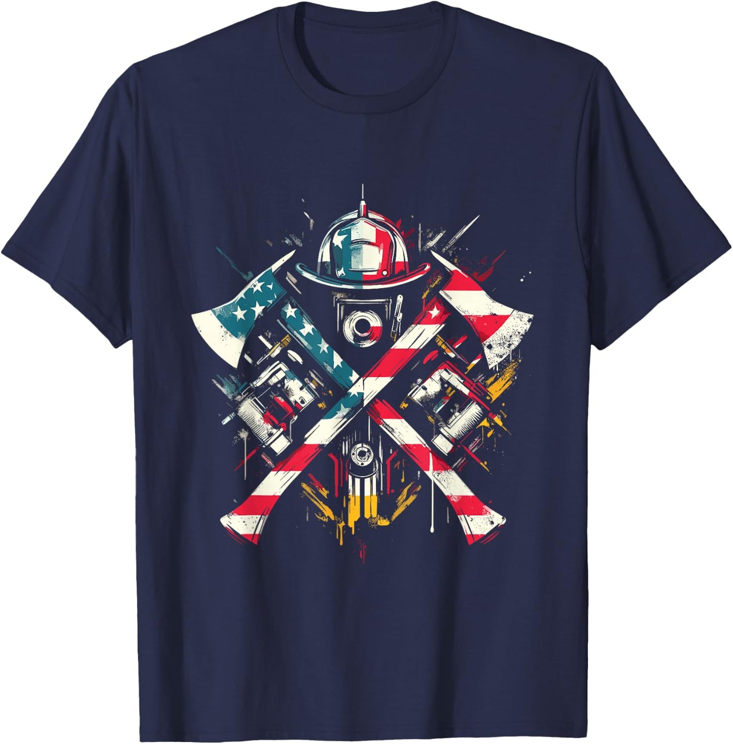 Firefighter American Flag - Patriotic Fire Department USA T-Shirt - T-Shirt | Navy