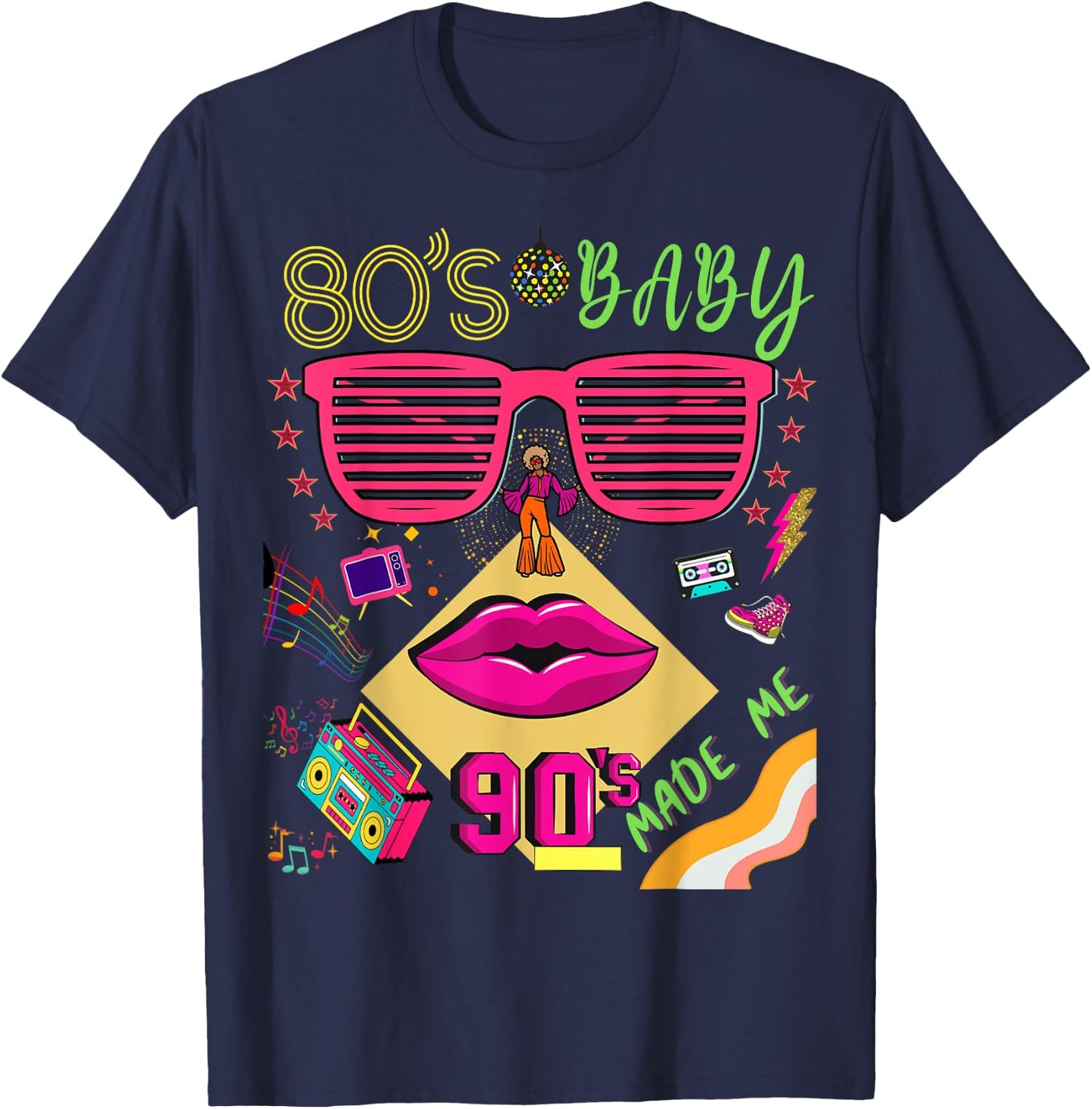 Retro 80s Baby 90s Made Me Vintage 80's 90's For Lady Girls T-Shirt - T-Shirt | Navy