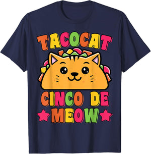 Funny Taco Cat Pun Tacocat Cute Taco Lover Cinco De Meow Men Women Kids T-Shirt - T-Shirt | Navy