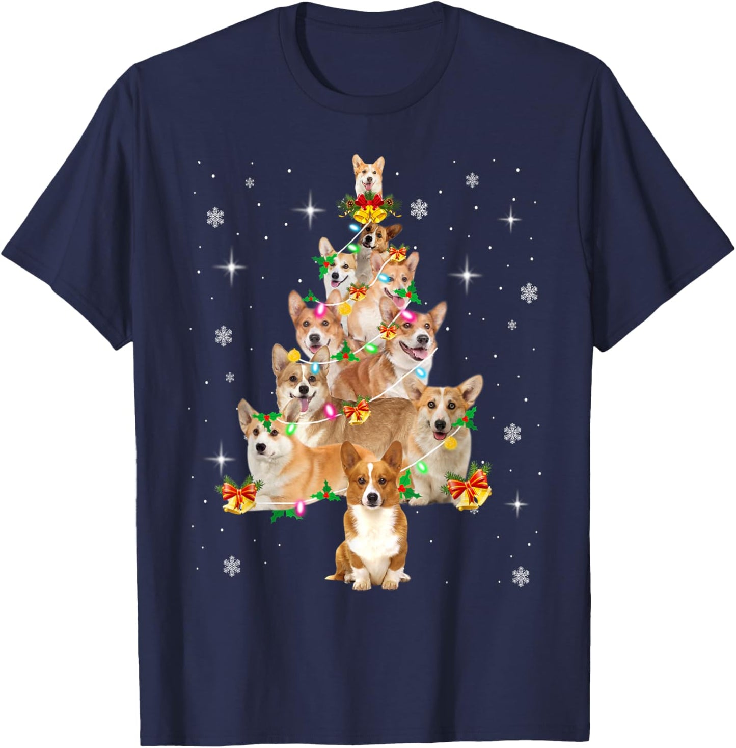 Pembroke Welsh Corgi Christmas Tree Lights Xmas Pajama Dog Men Women Kids T-Shirt - T-Shirt | Navy