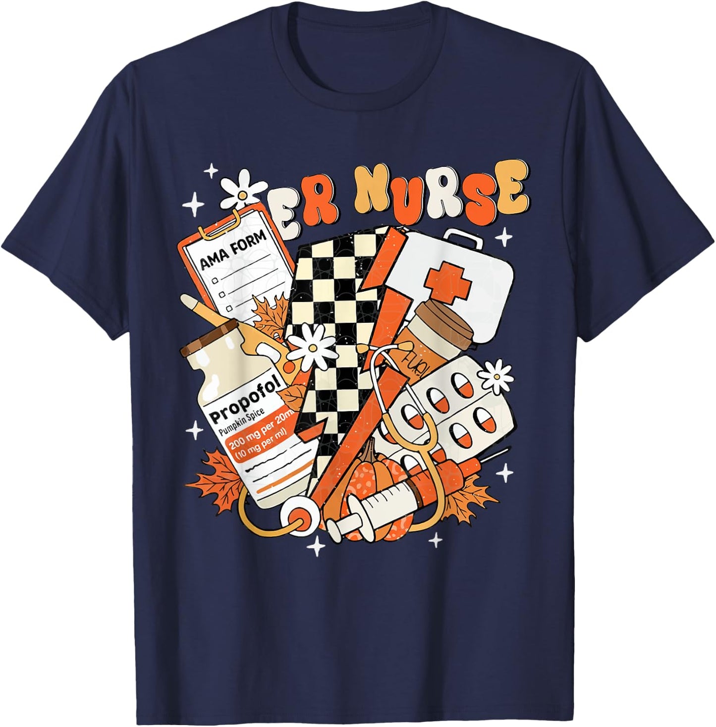 ER nurse Thanksgiving Autumn Fall groovy Emergency nurse T-Shirt - T-Shirt | Navy