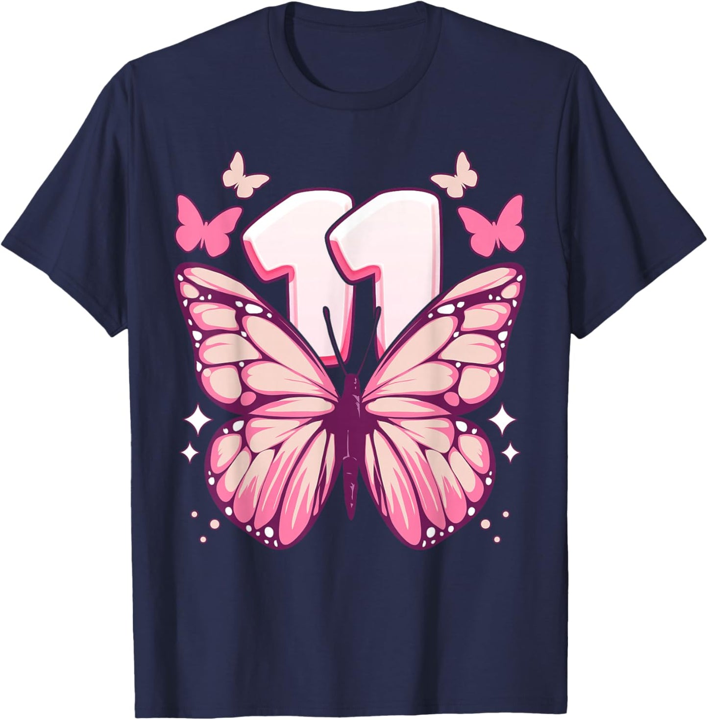 Birthday Girl 11 Years Butterflies and Number 11 T-Shirt - T-Shirt | Navy