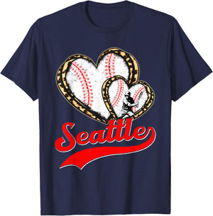 Vintage Seattle Baseball Leopard Heart Baseball Fans T-Shirt - T-Shirt | Navy