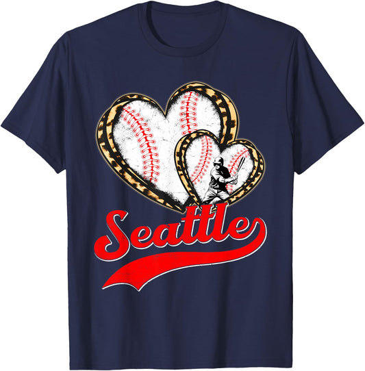 Vintage Seattle Baseball Leopard Heart Baseball Fans T-Shirt - T-Shirt | Navy