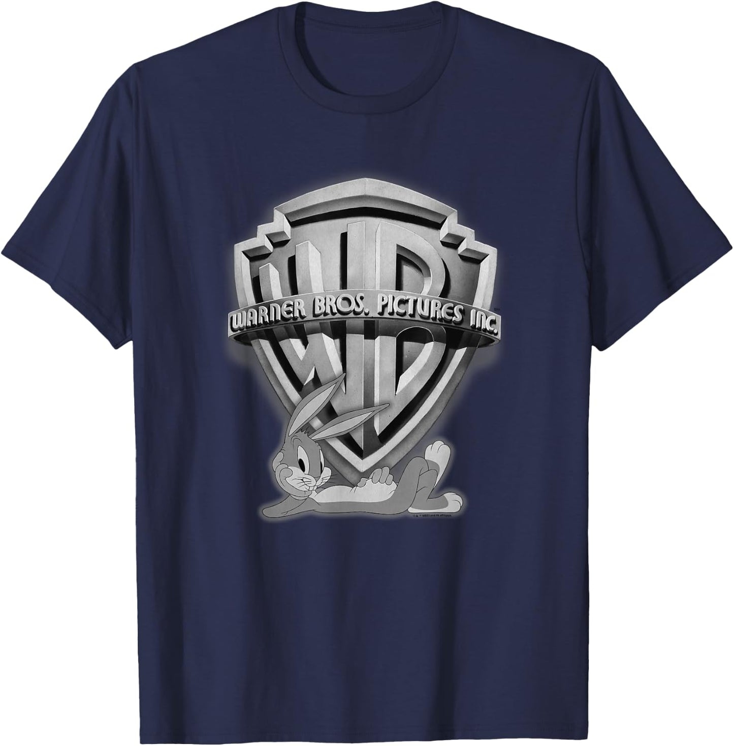 WB100 Looney Tunes Bugs Bunny Silver Warner Brothers Logo T-Shirt - T-Shirt | Navy