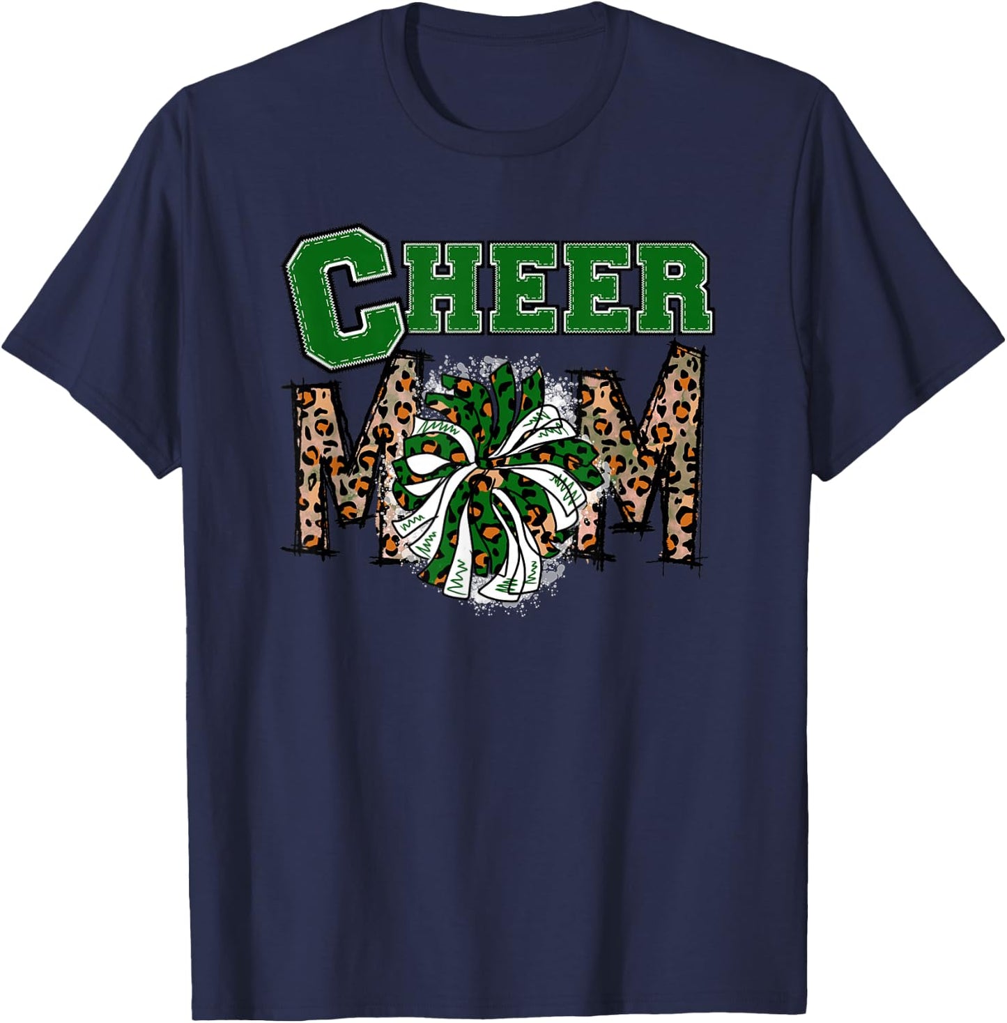Cheer Mom - Cute Leopard Letters - Green Team - Cheerleader T-Shirt - T-Shirt | Navy