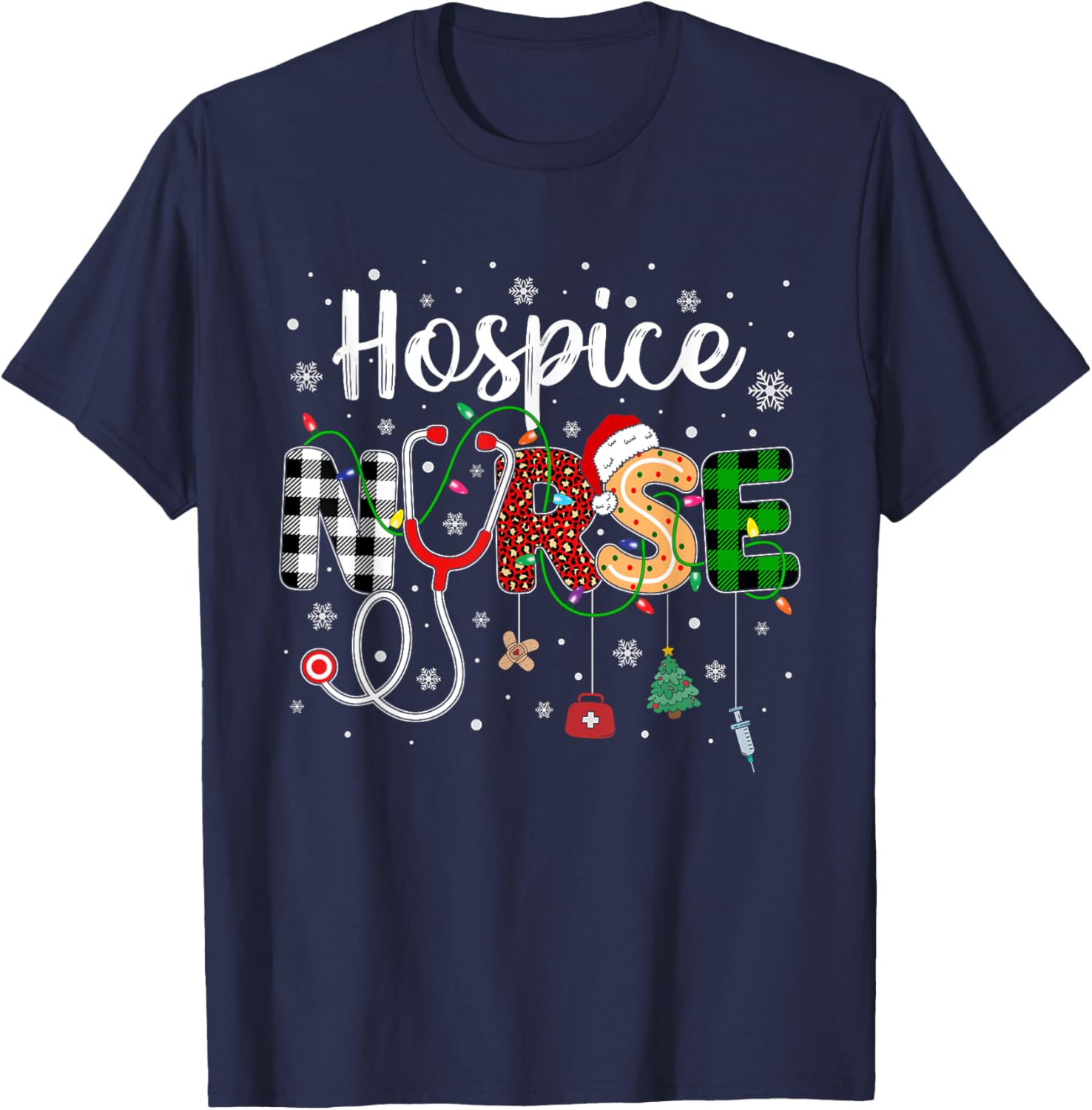 Hospice Nurse Xmas Santa Hat Nursing Christmas Pattern T-Shirt - T-Shirt | Navy