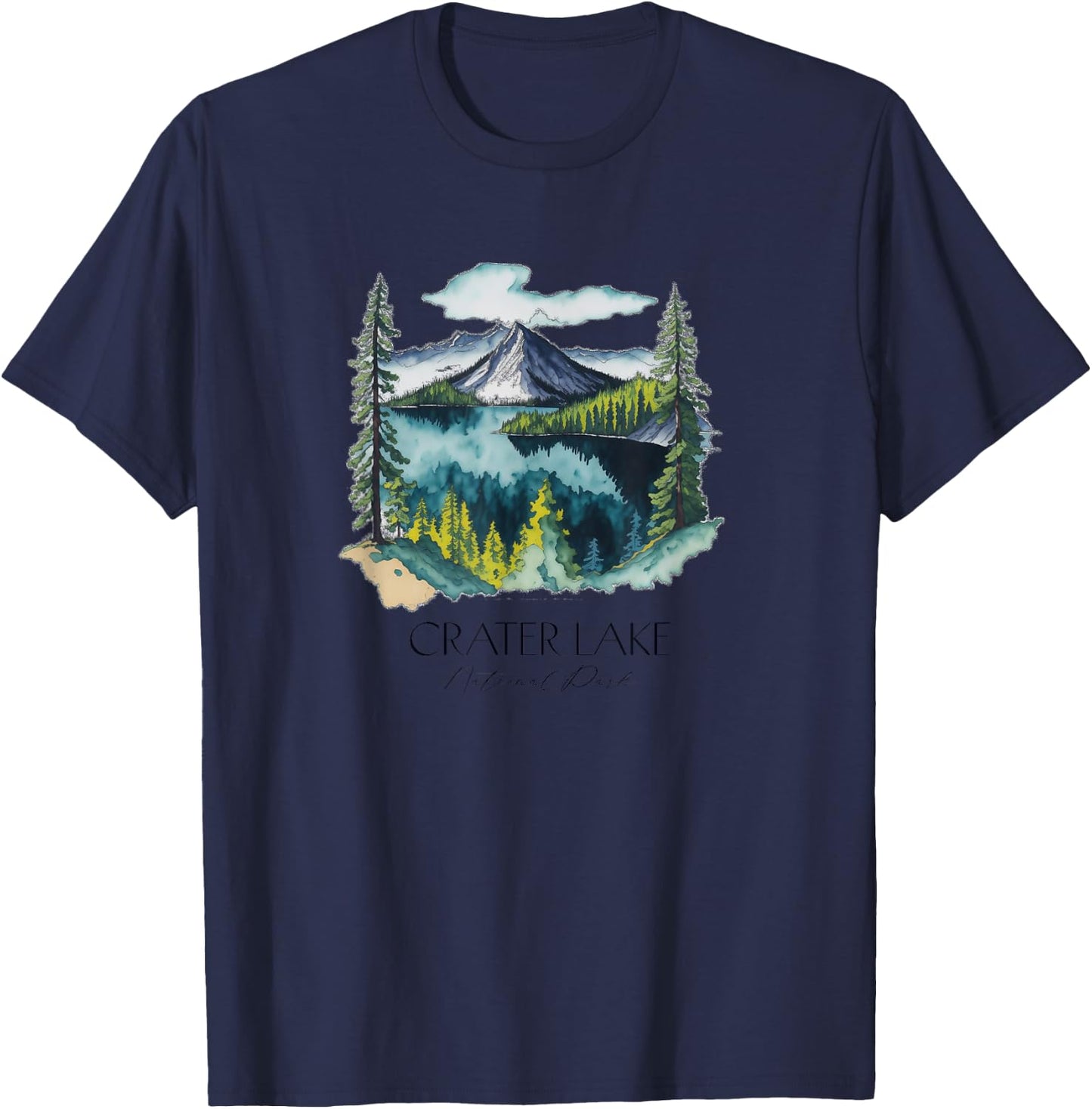 Cool Crater Lake National Park Hiking Watercolor Graphic T-Shirt - T-Shirt | Navy