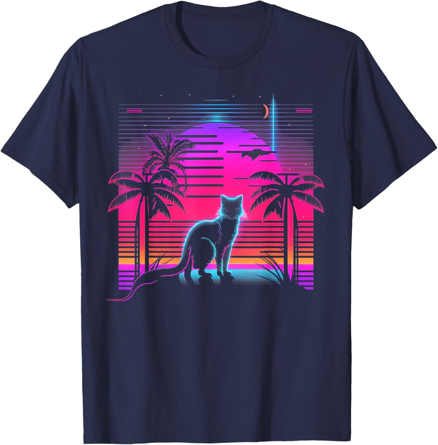 Cat Vaporwave Retrowave Aesthetic Synthwave 80s Palm Tree Women Kids T-Shirt - T-Shirt | Navy
