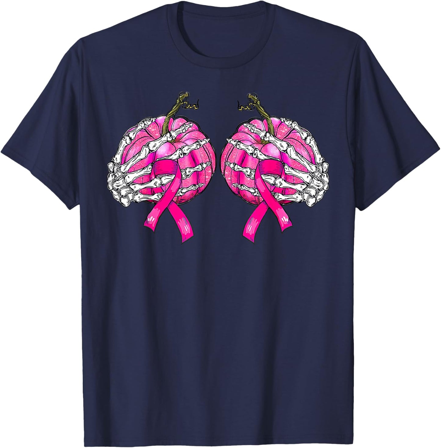 Skeleton Hand Boobs Pumpkin Breast Cancer Halloween Women T-Shirt - T-Shirt | Navy