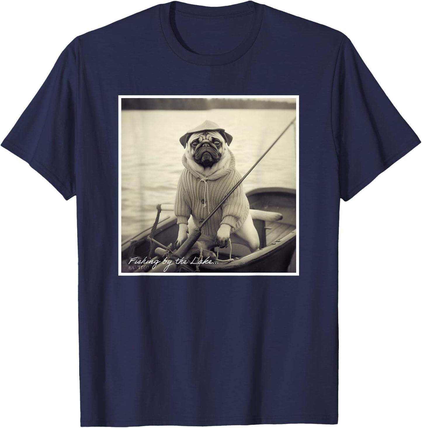 Funny Pug Fisherman on Boat Vintage Graphic T-Shirt - T-Shirt | Navy
