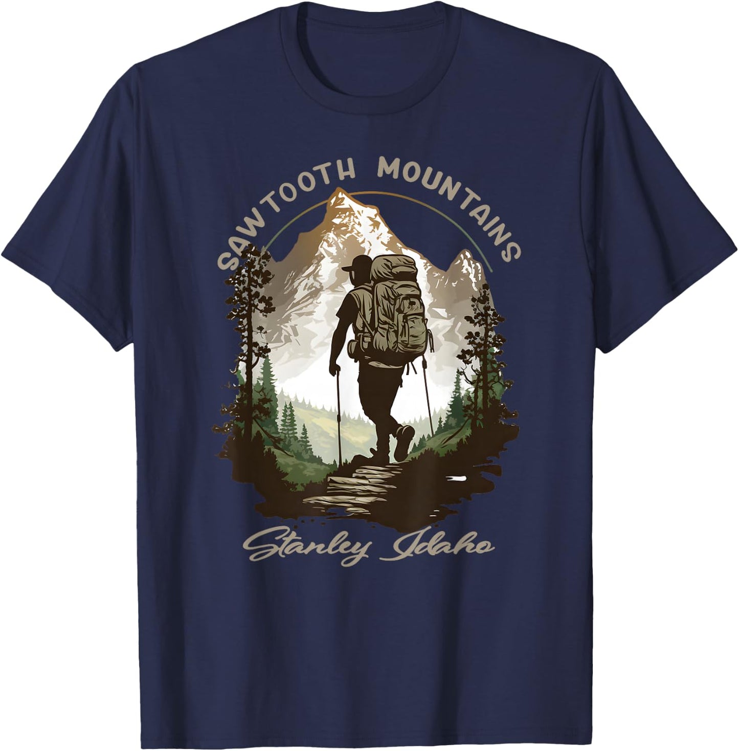 Sawtooth Mountains Stanley Idaho Hiking Scene T-Shirt - T-Shirt | Navy
