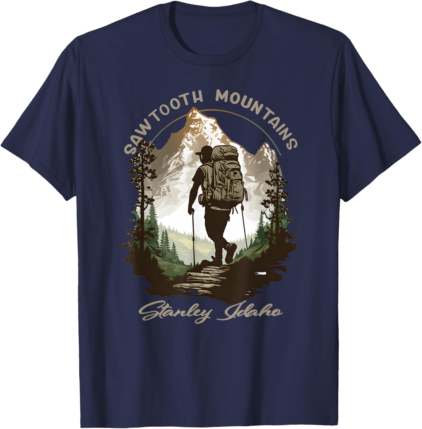 Sawtooth Mountains Stanley Idaho Hiking Scene T-Shirt - T-Shirt | Navy