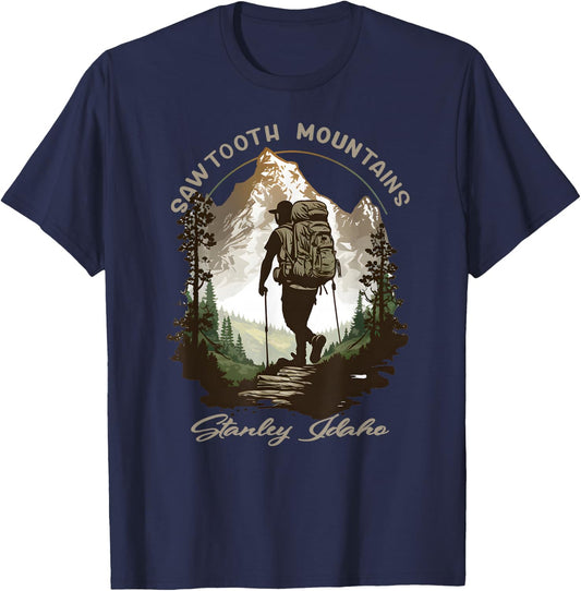 Sawtooth Mountains Stanley Idaho Hiking Scene T-Shirt - T-Shirt | Navy