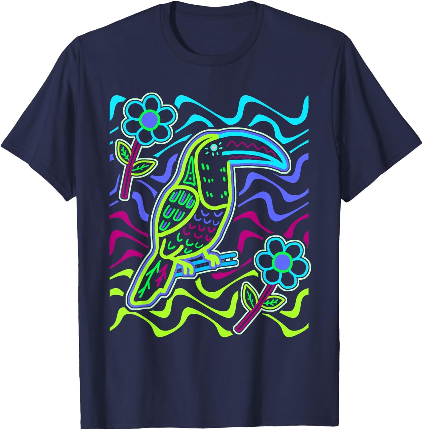 Toucan Bird Aracari Toucanet Mola Art by Panama Kuna Tribe T-Shirt - T-Shirt | Navy