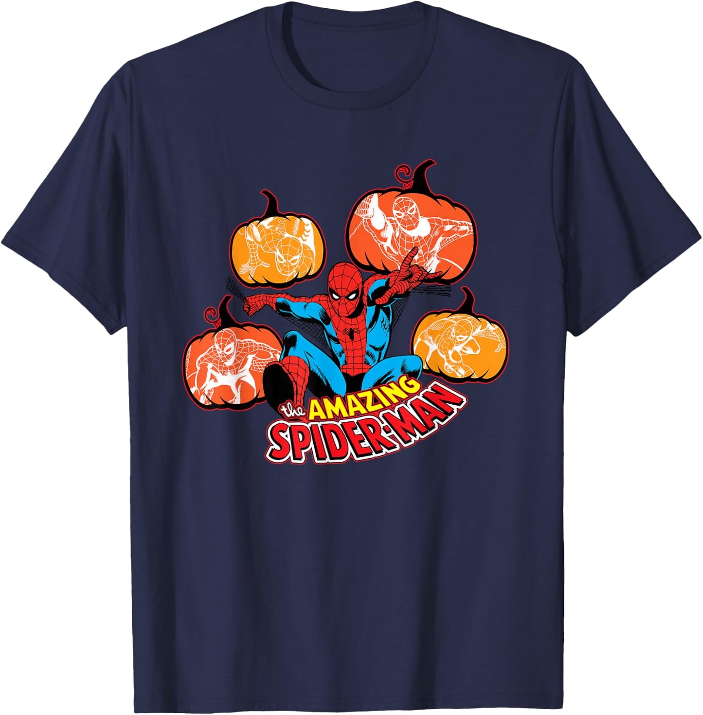Marvel Amazing Spider-Man Halloween Fall Pumpkins Comic Art T-Shirt - T-Shirt | Navy