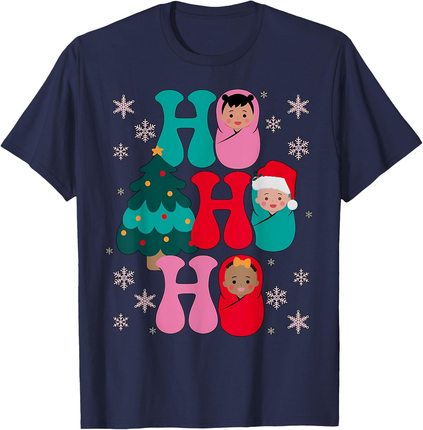 Ho Ho Ho Labor and Delivery Nurse Christmas Mother Baby T-Shirt - T-Shirt | Navy