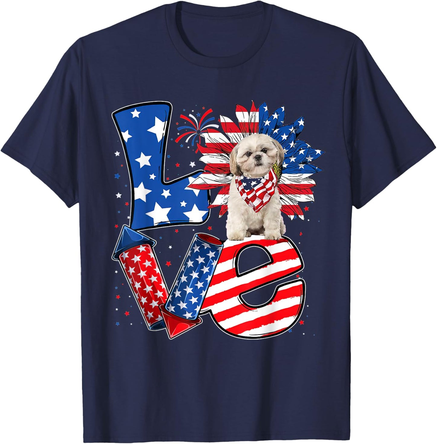 4th of July Decor Patriotic LOVE Shih Tzu Dog USA Flag T-Shirt - T-Shirt | Navy
