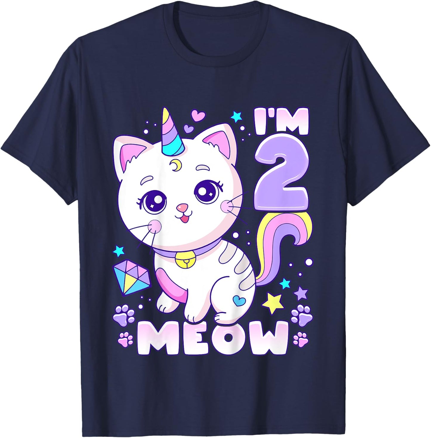 Birthday girl 2 years old, cat, unicorn, 2nd birthday T-Shirt - T-Shirt | Navy