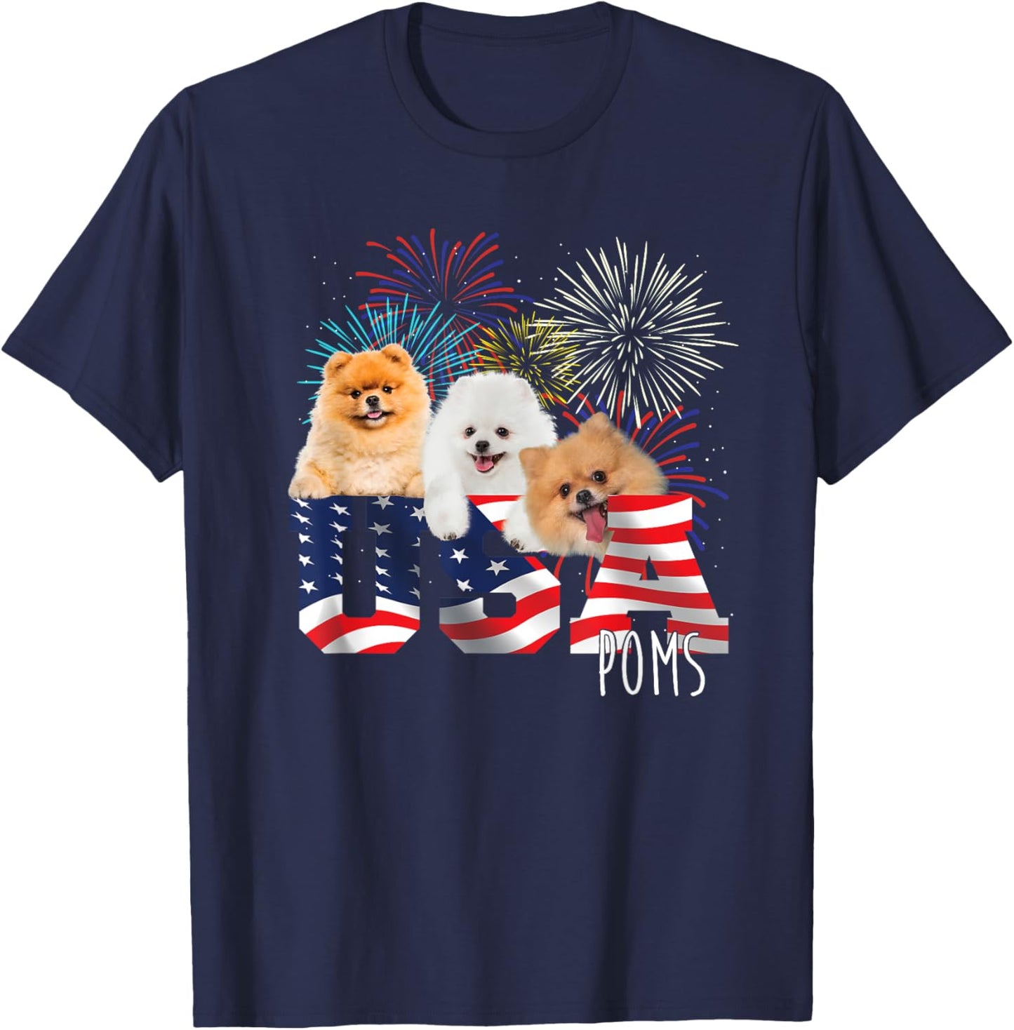 USA Poms - American Flag Patriotic Dog Lover Pet Owner Puppy T-Shirt - T-Shirt | Navy