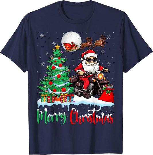Motorcycle Santa Christmas Tree Xmas Merry Christmas Santa T-Shirt - T-Shirt | Navy