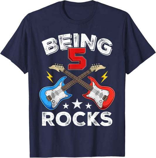 Being 5 Rocks Guitar Five Years Boy Kids Funny 5th Birthday T-Shirt - T-Shirt | Navy