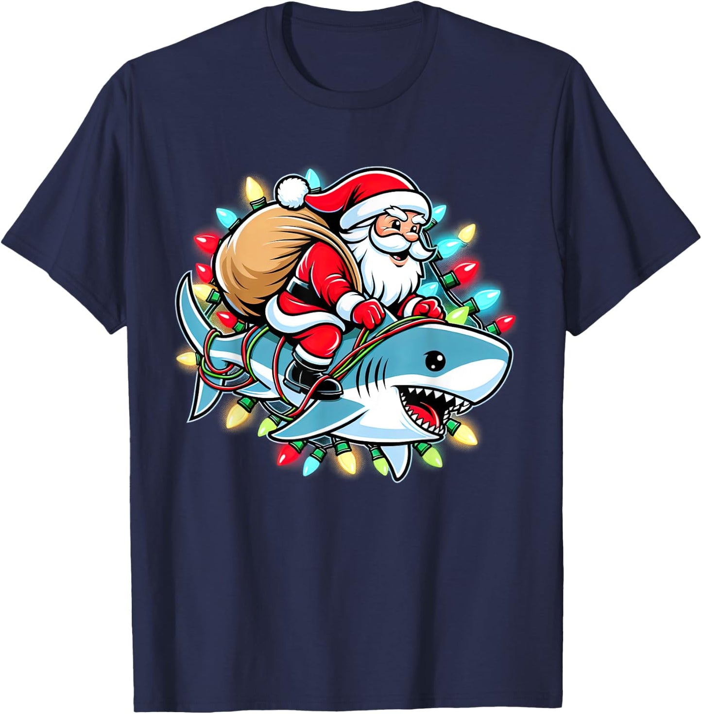 Santa Claus Riding Shark Christmas Boys Merry Sharkmas Xmas T-Shirt - T-Shirt | Navy