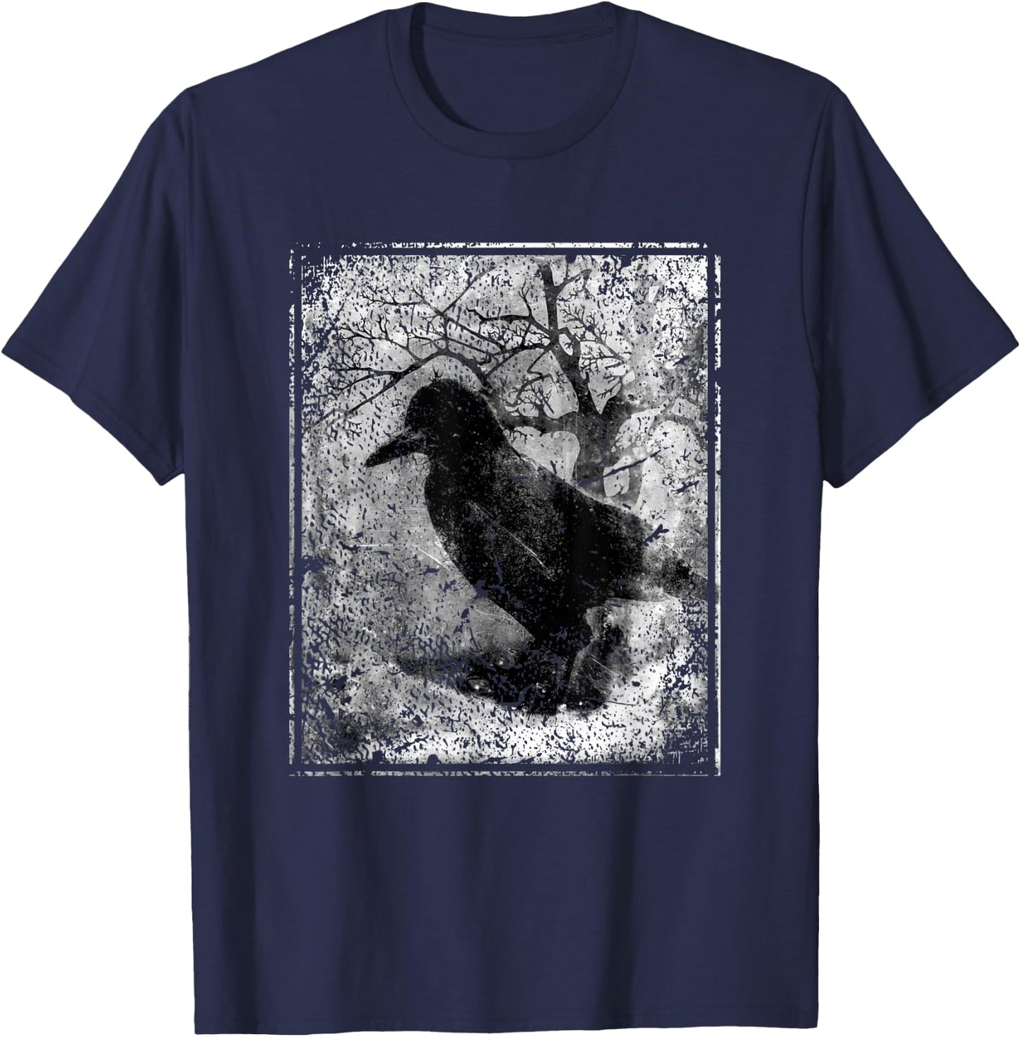 Black Crow on Tree- Vintage Dark Art Occult Aesthetics T-Shirt - T-Shirt | Navy