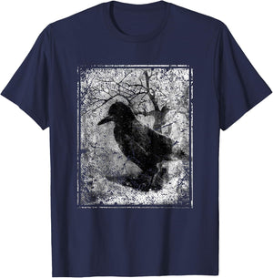 Black Crow on Tree- Vintage Dark Art Occult Aesthetics T-Shirt - T-Shirt | Navy