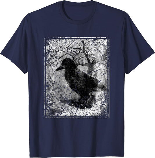 Black Crow on Tree- Vintage Dark Art Occult Aesthetics T-Shirt - T-Shirt | Navy