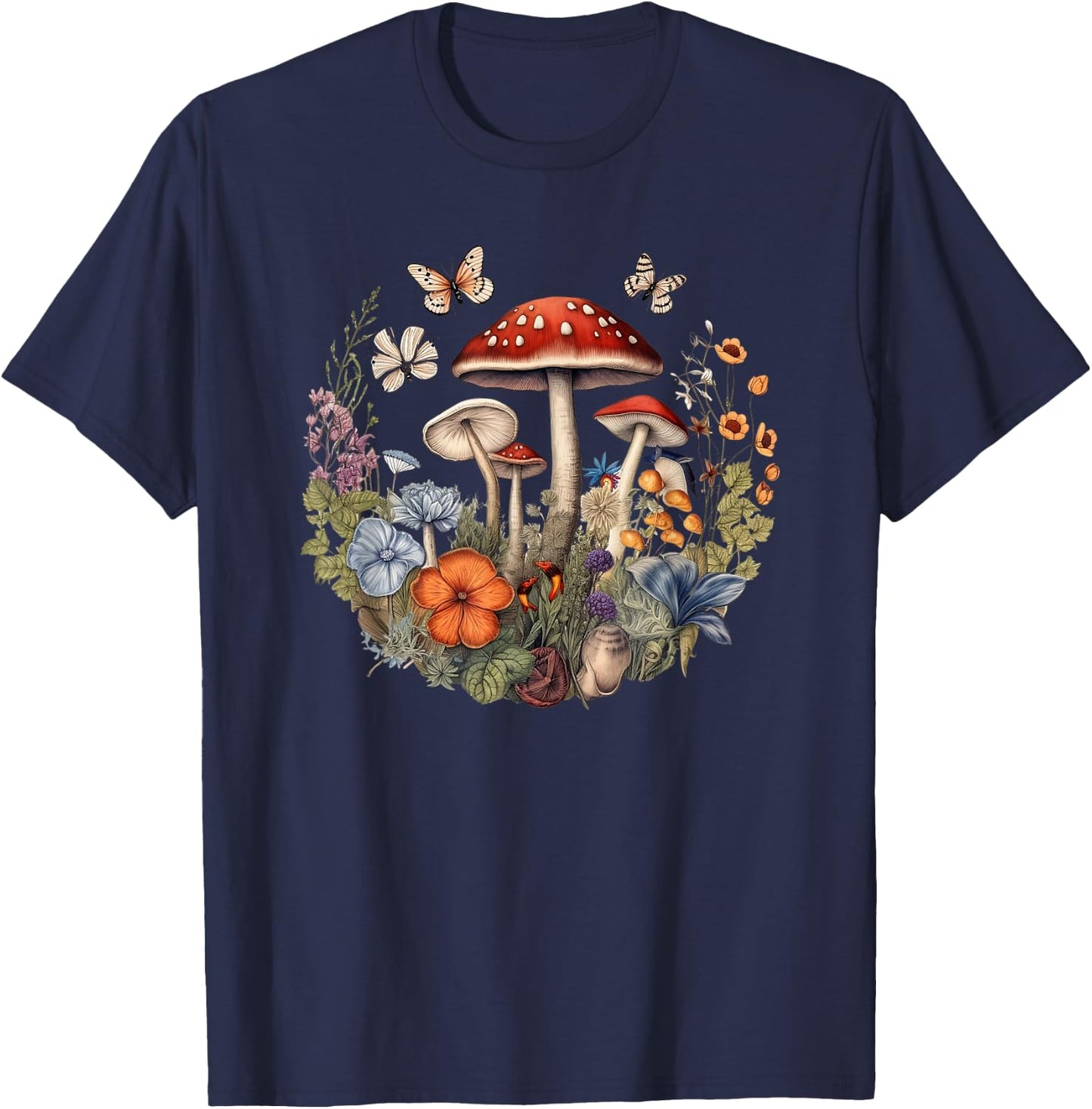 Flower Botanical Butterflies Mushroom Vintage Design T-Shirt - T-Shirt | Navy