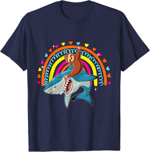 Sloth Riding Shark Funny Zoo Animal Rainbow Hearts Lover T-Shirt - T-Shirt | Navy