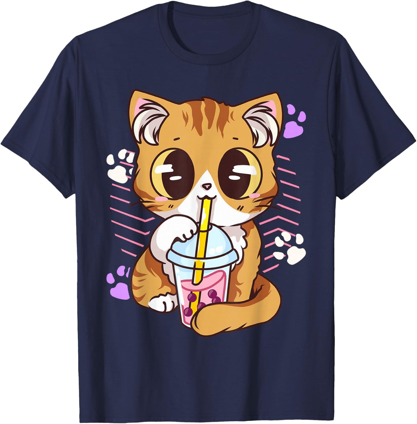 Cute Kawaii Cat Boba Bubble Milk Tea Anime Neko Kitten T-Shirt - T-Shirt | Navy
