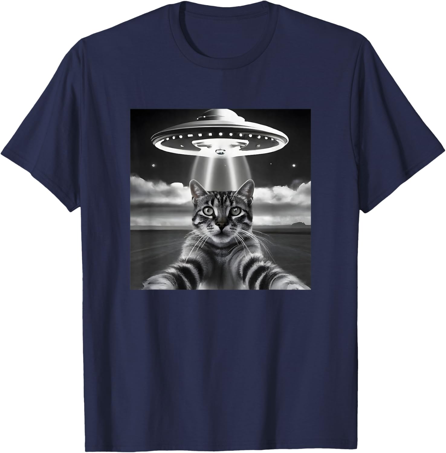 Cat UFO Selfie Funny Alien Invasion Retro Classic Photo T-Shirt - T-Shirt | Navy