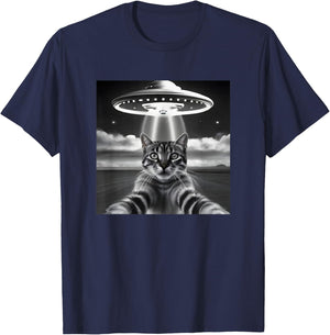 Cat UFO Selfie Funny Alien Invasion Retro Classic Photo T-Shirt - T-Shirt | Navy