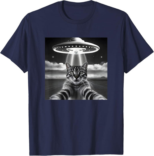 Cat UFO Selfie Funny Alien Invasion Retro Classic Photo T-Shirt - T-Shirt | Navy